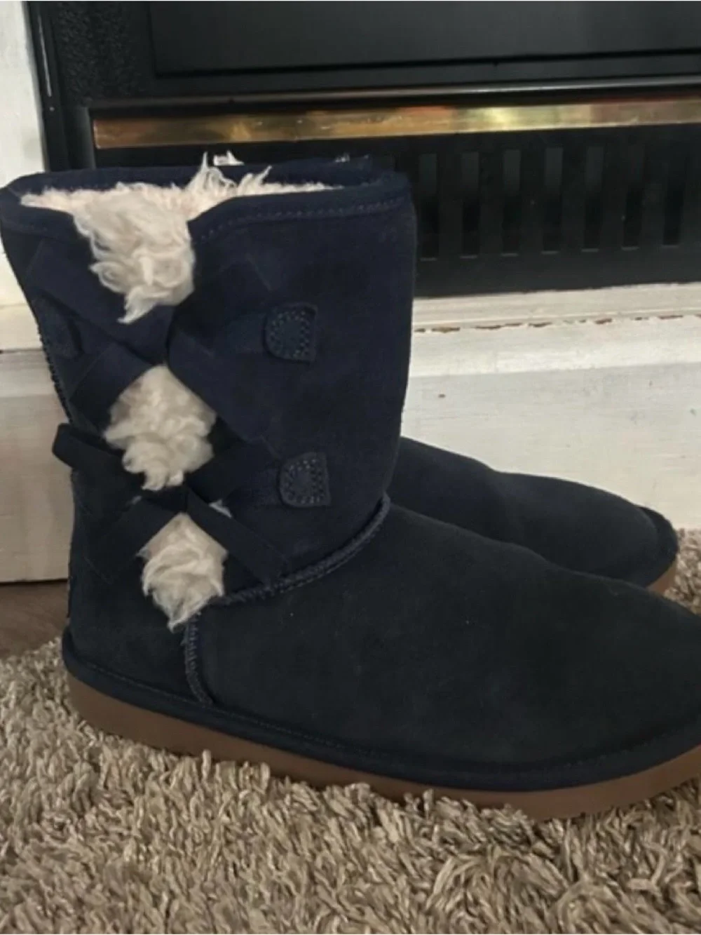 UGG Navy Faux-Shearling Ribbon Side Winter Boots